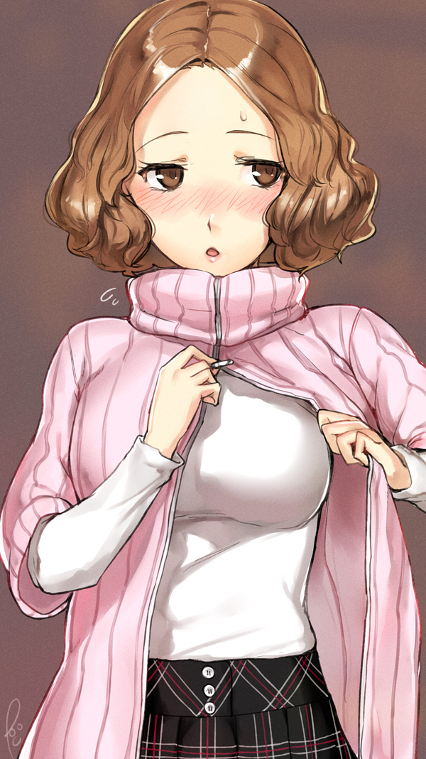 10s, 1girl, blush, breasts, brown_eyes, brown_hair, curly_hair, female_focus, forehead, large_breasts, looking_away, okumura_haru, parted_bangs, persona, persona_5, plaid_clothes, plaid_skirt, poco_(backboa), short_hair, skirt, solo, sweatdrop, sweater, turtleneck, turtleneck_sweater, unzipping