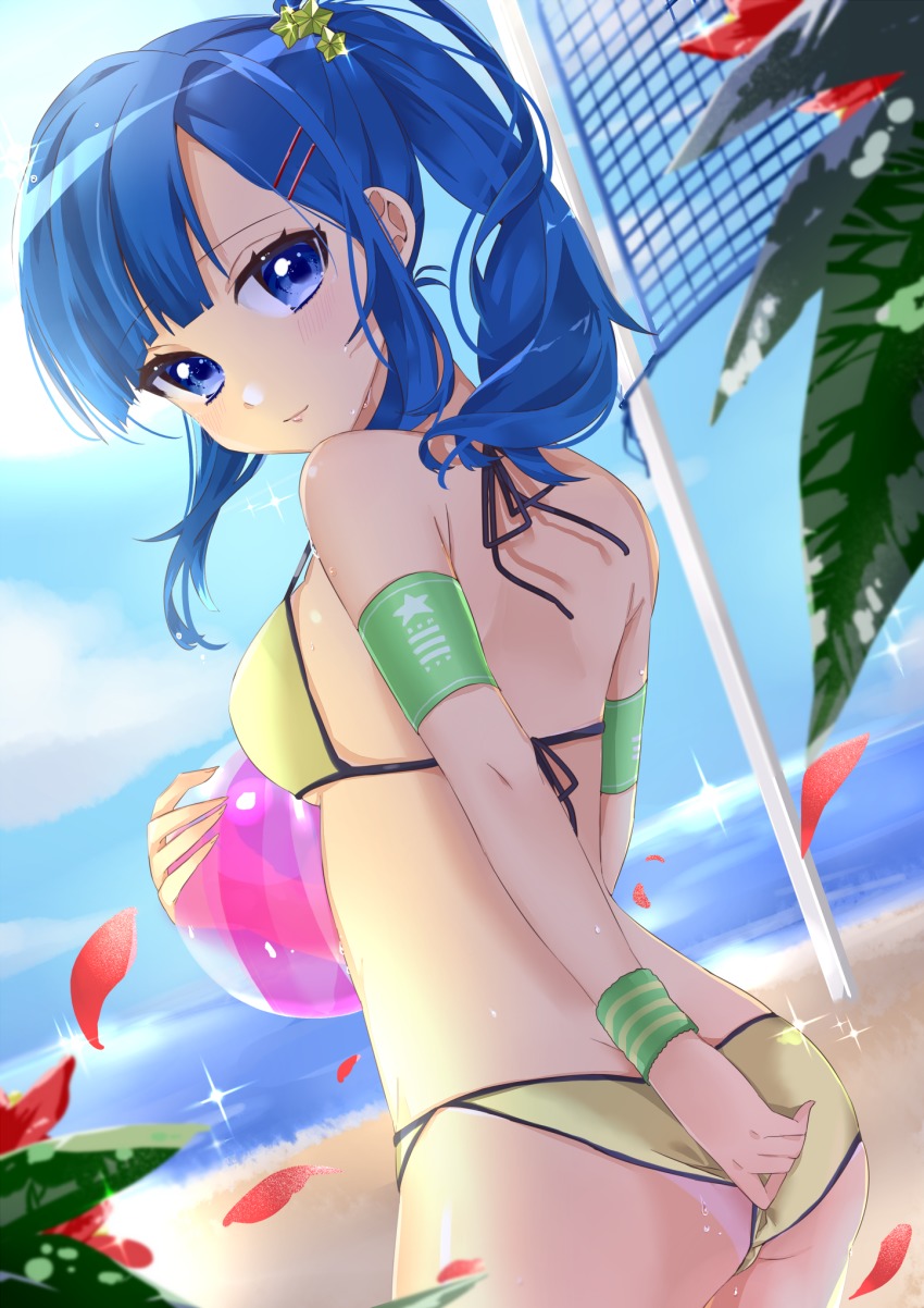 1girl, arm_behind_back, armband, ass, back, bad_id, bad_pixiv_id, ball, bare_shoulders, beach, beachball, bikini, bikini_pull, bikini_tan, blue_eyes, blue_hair, blue_sky, blunt_bangs, blurry, blush, breasts, clothes_pull, commentary_request, cowboy_shot, day, depth_of_field, eyelashes, female_focus, fingernails, flower, from_behind, from_side, hair_ornament, hairclip, hand_up, high_ponytail, highres, holding, holding_ball, ishido_mutsuki, leaf, light_smile, long_hair, looking_at_viewer, looking_back, medium_breasts, ocean, original, outdoors, petals, ponytail, pulling_own_clothes, red_flower, sky, solo, sparkle, standing, star_(symbol), star_hair_ornament, swimsuit, tan, tanline, volleyball_net, water, wristband, yellow_bikini