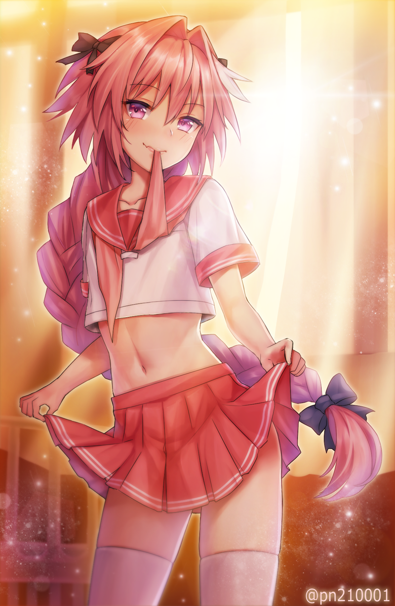1boy, astolfo_(fate), astolfo_(sailor_paladin)_(fate), black_bow, bow, braid, clothes_lift, fang