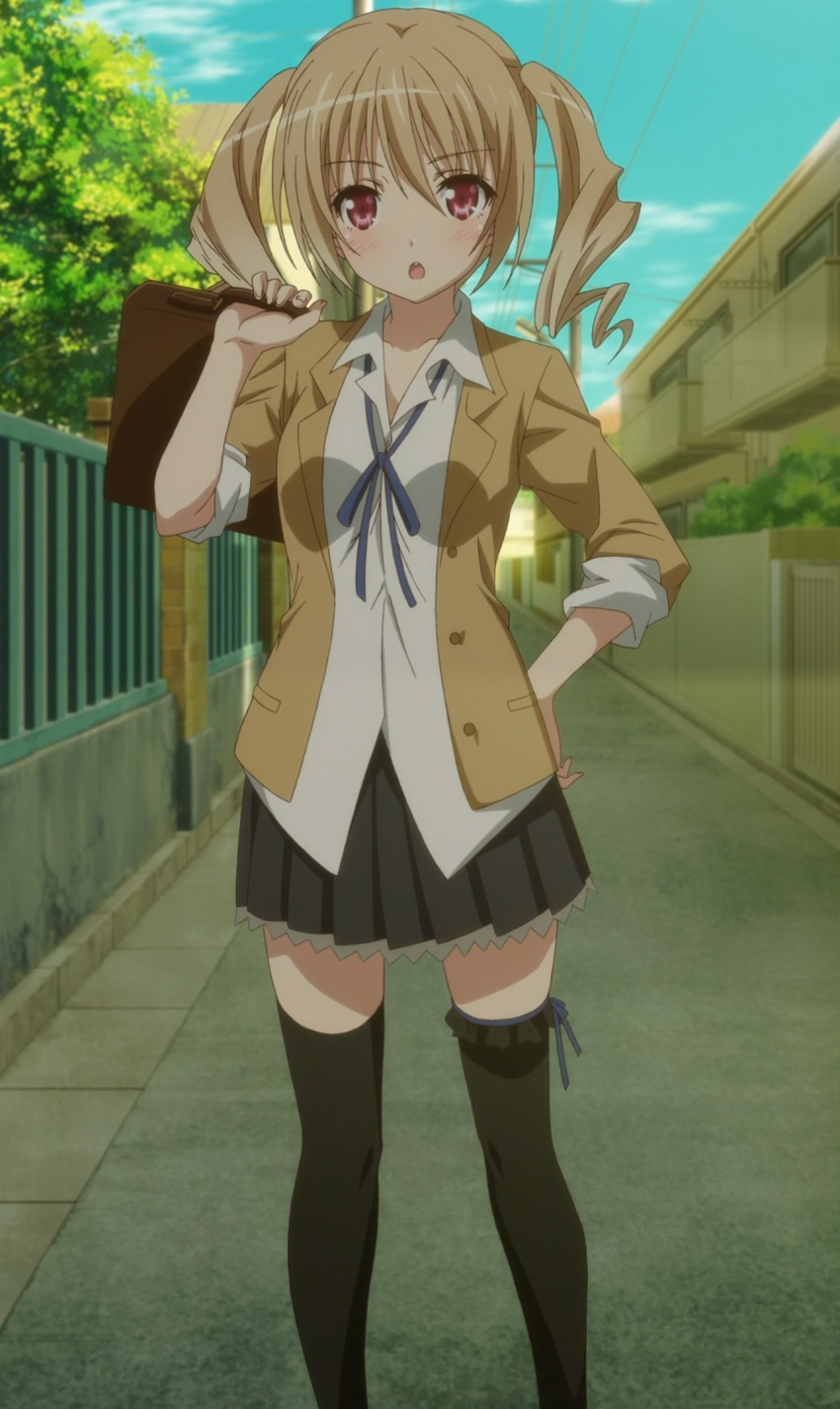 1girl, anime_screenshot, bag, black_thighhighs, day, female_focus, highres, holding_school_bag, open_mouth, outdoors, school_bag, school_uniform, solo, standing, stitched, tenshi_no_3p!, thighhighs, third-party_edit, toriumi_sakura