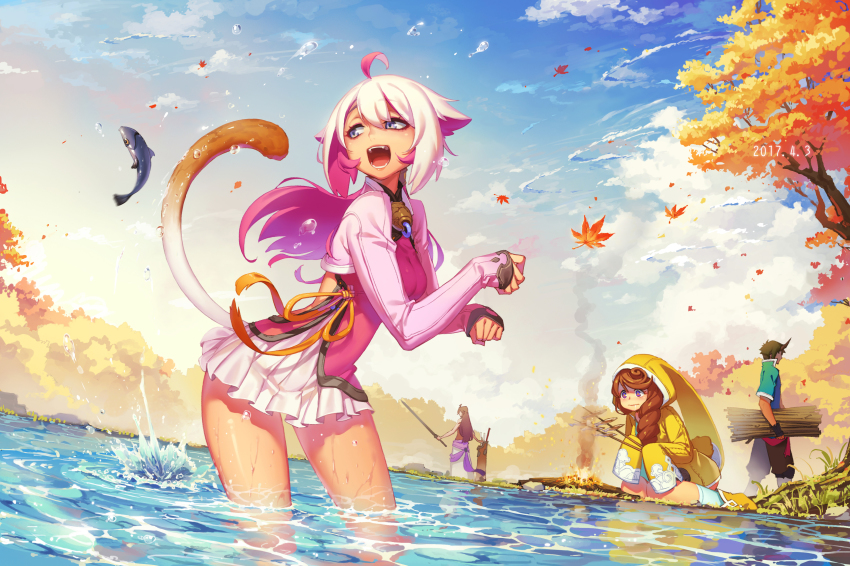 1boy, 3girls, absurdres, ahoge, animal_ears, blue_eyes, blush, brown_hair