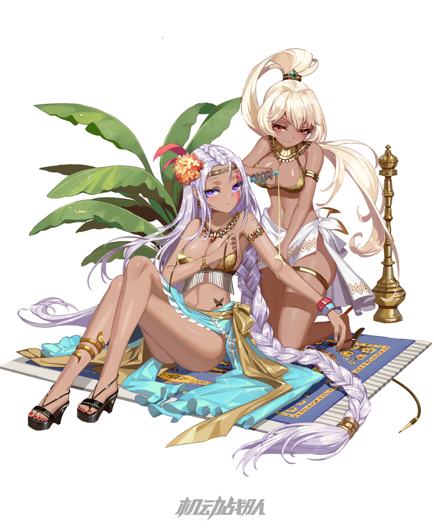 2girls, ancient_egyptian, ancient_egyptian_clothes, armlet, blonde_hair, blush, braid, breasts, carpet, circlet, cleavage, crossed_legs, d._(ddot2018), dark-skinned_female, dark_skin, flower, full_body, hair_flower, hair_ornament, high_heels, highres, jewelry, kneeling, light_purple_hair, long_hair, looking_at_viewer, lotion, medium_breasts, multiple_girls, nadia_(iron_saga), nail_polish, navel, official_art, original, pouring, purple_eyes, red_eyes, revealing_clothes, sarong, single_braid, sitting, smile, stomach, sura_(iron_saga), tattoo, very_long_hair