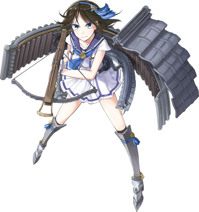 >:|, 1girl, :|, blue_eyes, blue_neckerchief, boots, bowgun, breasts
