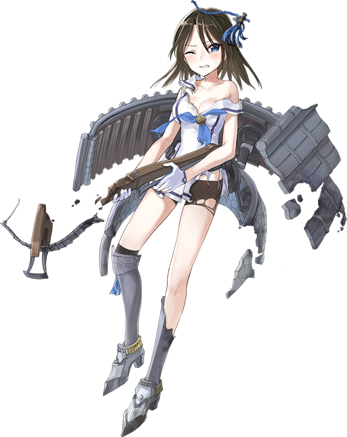 1girl, bare_shoulders, bike_shorts, blue_eyes, blue_neckerchief, boots, bowgun, breasts