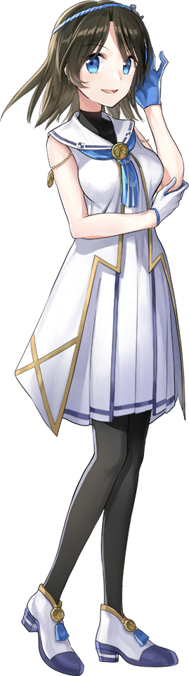 1girl, blue_eyes, breasts, brown_hair, dress, female_focus, full_body, gloves