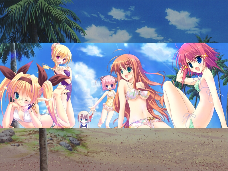 10s, 6+girls, animal_ears, aqua_eyes, ayase_hazuki, barefoot, beach, bikini, blonde_hair, blue_eyes, breasts, carol_miruto, cat_ears, covering_privates, day, embarrassed, feet, flat_chest, furansowa_kurea_ashesu, game_cg, glasses, green_eyes, hair_up, kamizuru_onpu, kokonoka, lilian_tsukikage, long_hair, medium_breasts, mitsurugi_asuka, momiji_(wizard_girl), multiple_girls, non-web_source, one-piece_swimsuit, one_eye_closed, orange_hair, outdoors, pink_hair, pointy_ears, purple_eyes, ryouka_(suzuya), sarong, sasorigatame, school_swimsuit, short_hair, sitting, soles, swimsuit, toes, twintails, underboob, wink, wizard_girl_ambitious