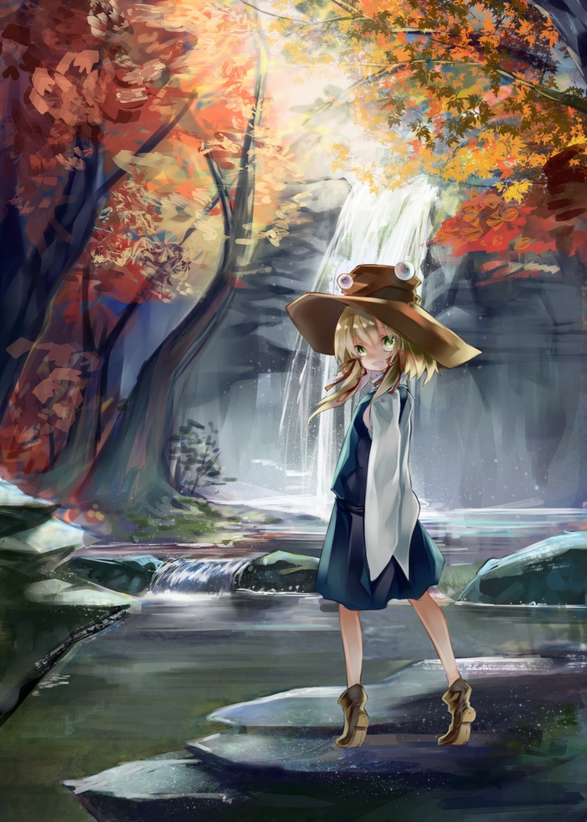 1girl, autumn_leaves, black_skirt, blonde_hair, day, detached_sleeves, female_focus, full_body