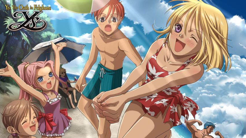 adol_christin, ball, beach, beachball, bikini, blonde_hair, blue_eyes, blue_sky