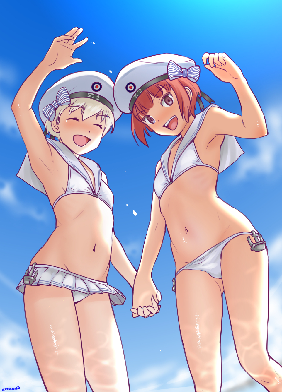 10s, 2girls, anchor, bikini, bikini_skirt, brown_eyes, brown_hair, closed_eyes