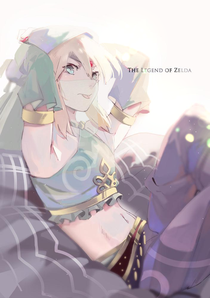 1boy, :p, aqua_eyes, arabian_clothes, arms_up, bad_id, bad_pixiv_id, blonde_hair, detached_sleeves, gerudo_set_(zelda), halterneck, left_mouse, link, male_focus, midriff, mouth_veil, nintendo, sitting, solo, the_legend_of_zelda, the_legend_of_zelda:_breath_of_the_wild, tongue, tongue_out, trap, veil