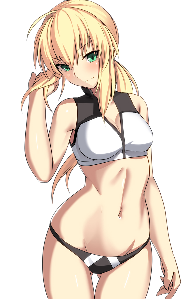 1girl, ahoge, arm_at_side, artoria_pendragon_(fate), bare_arms, bare_legs, bare_shoulders, bikini