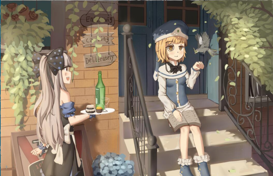 2girls, blonde_hair, blue_footwear, blush, book, book_on_lap, boots, bottle