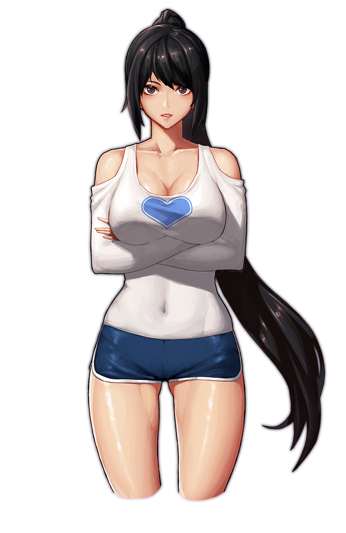 1girl, bare_legs, bare_shoulders, black_eyes, black_hair, blue_shorts, breasts, cleavage, clothing_cutout, collarbone, covered_navel, cowboy_shot, cropped_legs, crossed_arms, dolphin_shorts, dungeon_and_fighter, epomeno, eyebrows, female_fighter_(dungeon_and_fighter), female_focus, fingernails, gym_shorts, heart, heart_print, large_breasts, legs_apart, light_smile, long_hair, long_sleeves, looking_at_viewer, micro_shorts, no_bra, off_shoulder, parted_lips, pink_lips, ponytail, print_shirt, shirt, short_shorts, shorts, shoulder_cutout, sidelocks, simple_background, solo, standing, teeth, very_long_hair, white_background, white_shirt