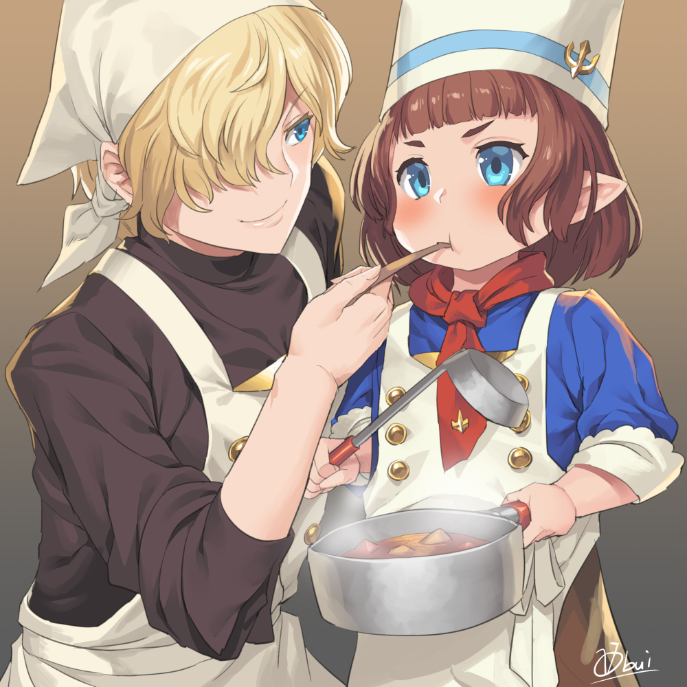 10s, 2girls, apron, black_shirt, blonde_hair, blouse, blue_eyes, blunt_bangs, blush, bridgette_(granblue_fantasy), brown_hair, chef, chef_hat, cooking_pot, cordelia_(granblue_fantasy), feeding, food, gradient_background, granblue_fantasy, hair_over_one_eye, harvin, hat, holding, holding_cooking_pot, ladle, multiple_girls, obui, pointy_ears, pot, shirt, short_hair, soup, v-shaped_eyebrows