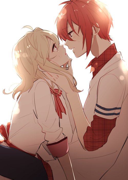 1boy, 1girl, azs_kn, bad_id, bad_twitter_id, blonde_hair, blush, eye_contact
