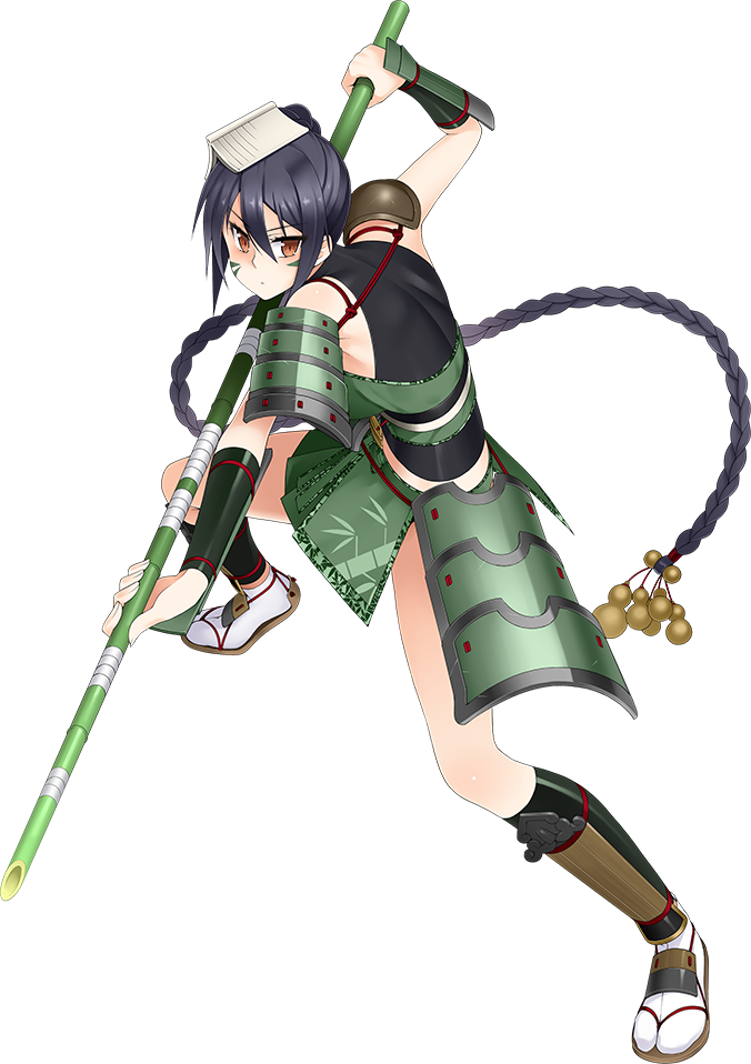 1girl, absurdly_long_hair, bamboo_spear, black_hair, braid, facepaint, female_focus, full_body, hair_between_eyes, hand_on_own_hip, kamata_yuuya, long_hair, official_art, orange_eyes, oshiro_project:re, sleeveless, solo, transparent_background, tsuzurao_(oshiro_project), very_long_hair