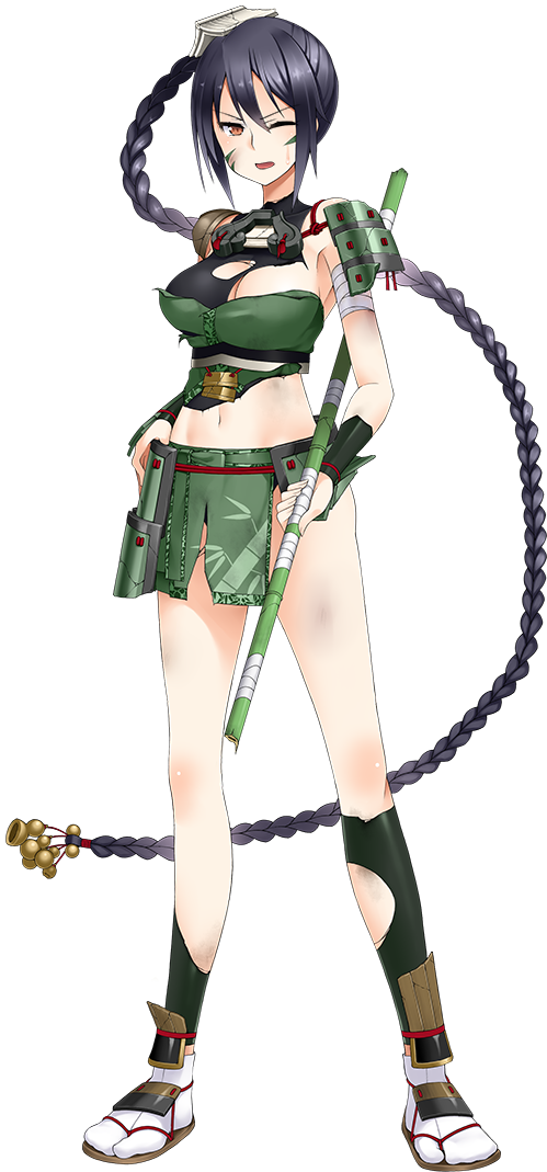 1girl, absurdly_long_hair, bamboo_spear, black_hair, braid, breasts, broken_spear, cleavage