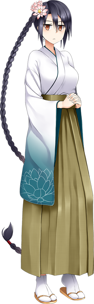 1girl, absurdly_long_hair, black_hair, braid, breasts, female_focus, flower, full_body, hair_between_eyes, hair_flower, hair_ornament, japanese_clothes, kamata_yuuya, large_breasts, long_hair, official_art, orange_eyes, oshiro_project:re, own_hands_together, solo, transparent_background, tsuzurao_(oshiro_project), very_long_hair