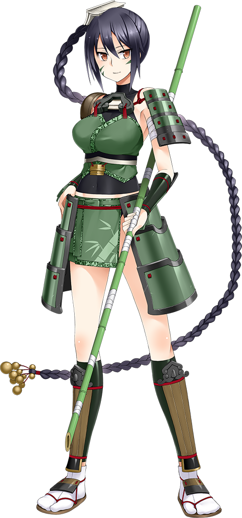 1girl, absurdly_long_hair, bamboo_spear, black_hair, braid, facepaint, female_focus, full_body, hair_between_eyes, hand_on_own_hip, kamata_yuuya, long_hair, official_art, orange_eyes, oshiro_project:re, sleeveless, solo, transparent_background, tsuzurao_(oshiro_project), very_long_hair