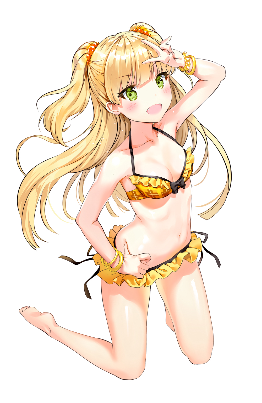 10s, 1girl, bad_id, bad_pixiv_id, barefoot, bikini, blonde_hair, bracelet