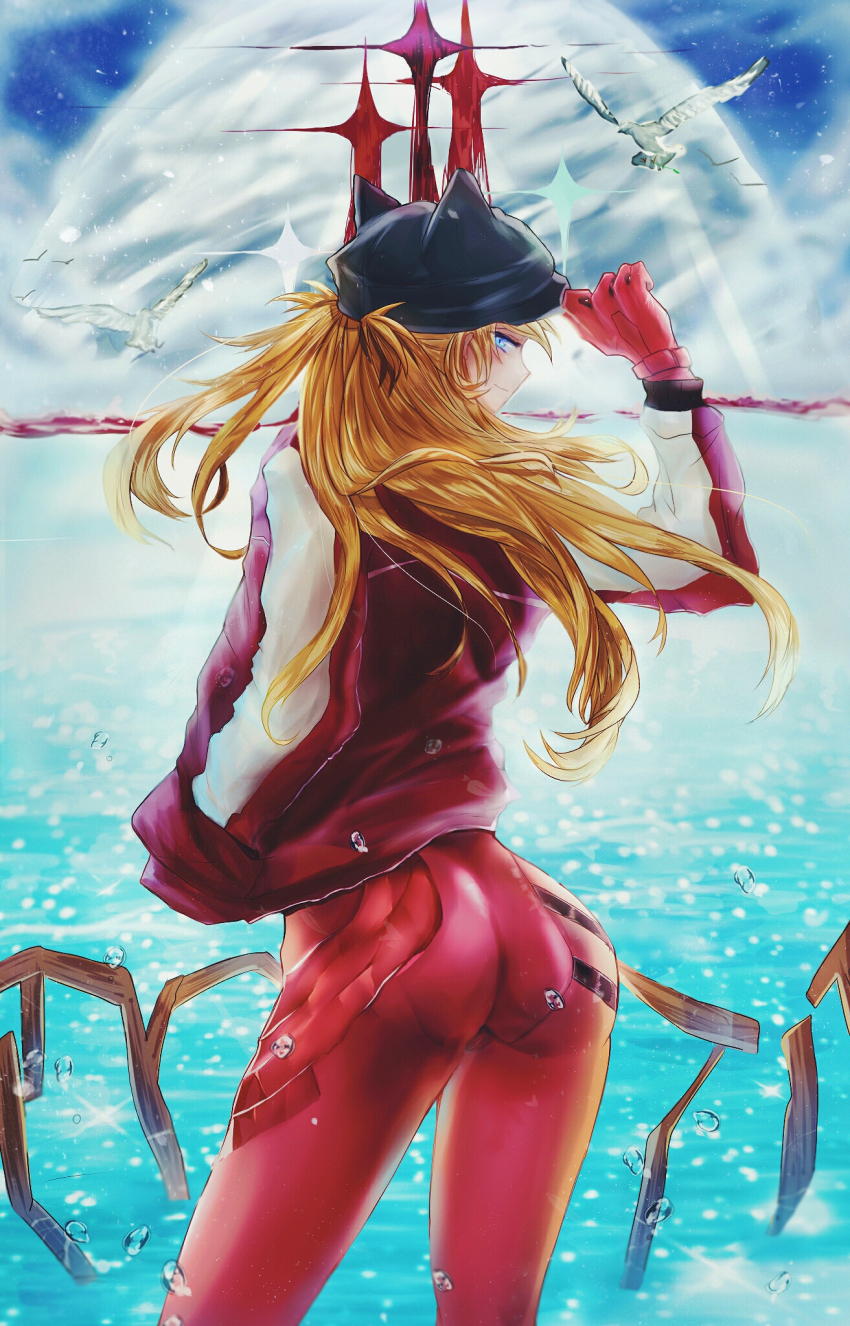 1girl, animal_ears, animal_hat, ass, bird, black_hat, blonde_hair, blue_eyes