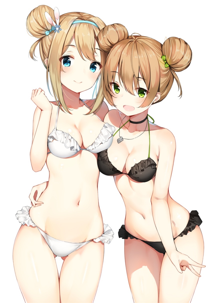 2girls, arm_behind_back, bare_shoulders, bikini, black_bikini, blue_eyes, bow, breasts