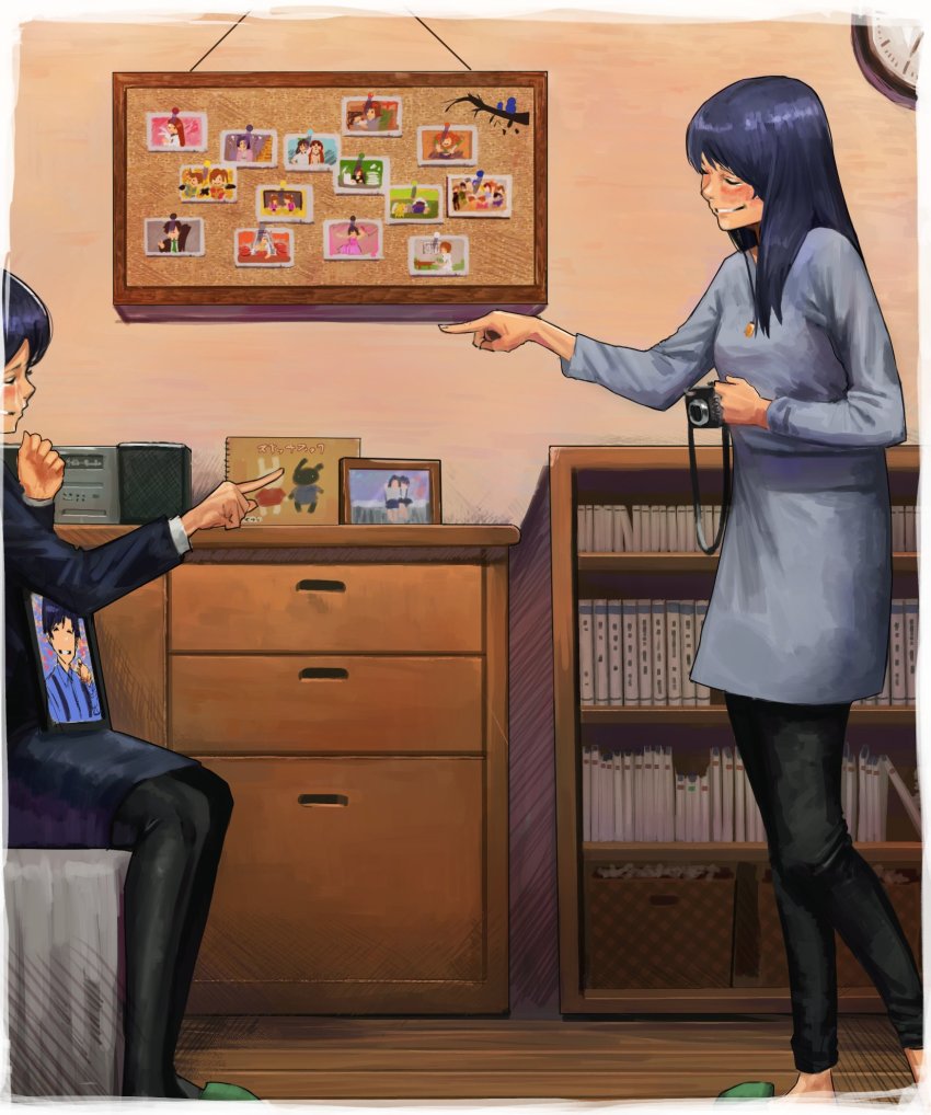 2girls, bad_id, bad_twitter_id, blue_hair, camera, closed_eyes, commentary_request, crying