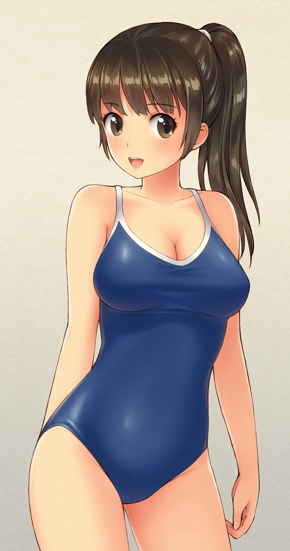 1girl, bare_arms, black_eyes, black_hair, breasts, cleavage, competition_school_swimsuit, cowboy_shot