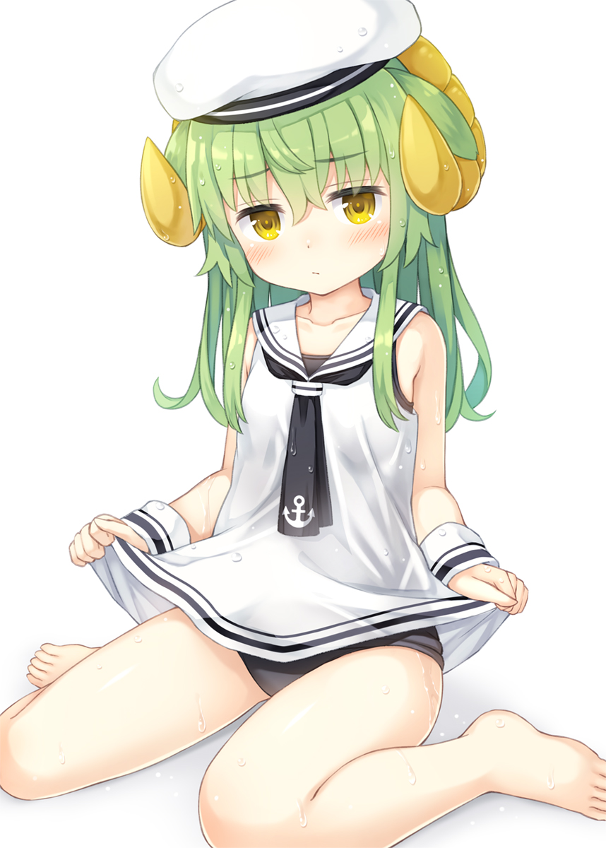 1girl, :/, anchor_symbol, animal_ears, asatsuki_(monmusume-harem), bare_legs, bare_shoulders, barefoot