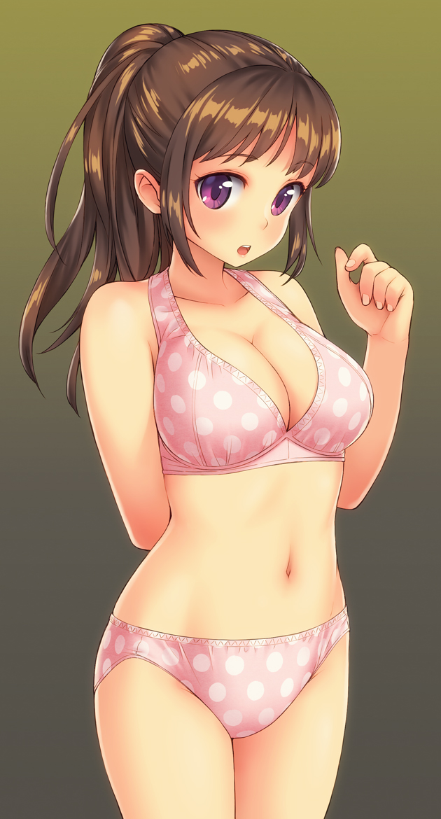 1girl, bikini, breasts, brown_hair, cleavage, cowboy_shot, female_focus, large_breasts, long_hair, looking_at_viewer, navel, original, pink_bikini, polka_dot, polka_dot_bikini, ponytail, poripori, purple_eyes, solo, standing, swimsuit