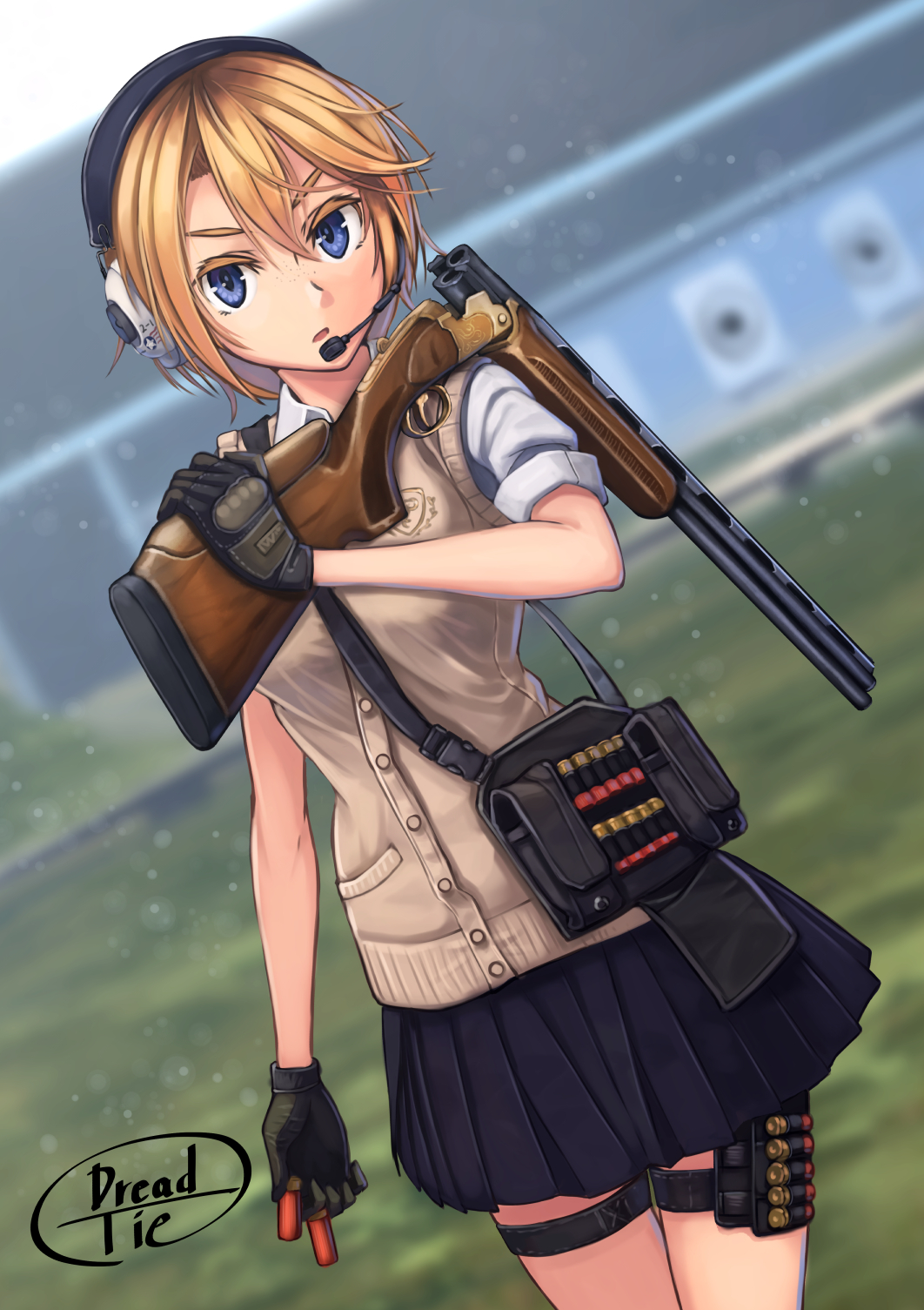 1girl, ammunition, bad_id, bad_pixiv_id, bag, black_bag, blonde_hair, blue_eyes