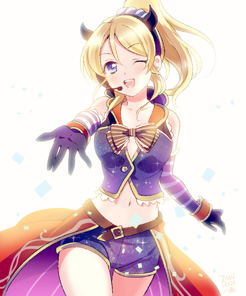 1girl, ;d, ayase_eli, bad_id, bad_pixiv_id, belt, black_hairband, blonde_hair