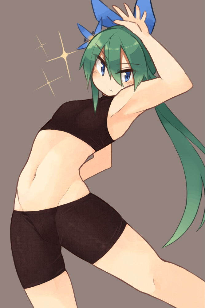 1girl, armpits, bike_shorts, blue_eyes, bow, female_focus, green_hair, grey_background