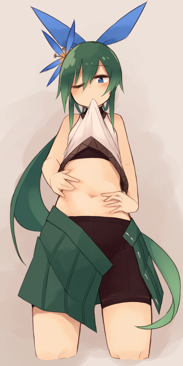 1girl, bike_shorts, blue_eyes, blush, clothes_lift, female_focus, green_hair, highres