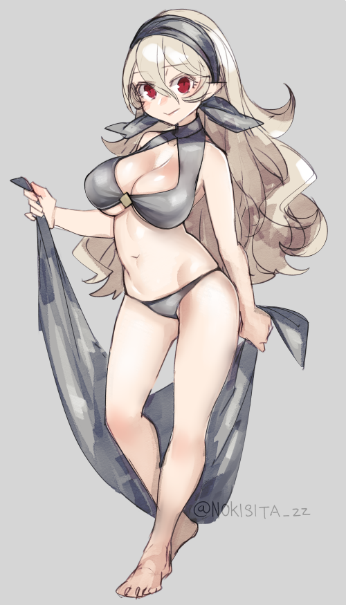 1girl, bikini, black_bikini, blush, breasts, cleavage, collarbone, female_corrin_(fire_emblem)