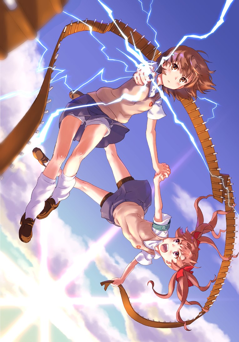 2girls, action, aiming, aiming_at_viewer, ankle_socks, armband, attack, battle