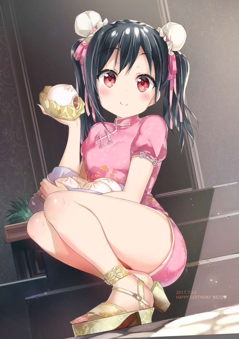 1girl, birthday, black_hair, breasts, china_dress, chinese_clothes, dated, double_bun, dress, eating, english_text, female_focus, food, hair_bun, happy_birthday, high_heel_sandals, high_heels, love_live!, love_live!_school_idol_festival, love_live!_school_idol_project, micopp, red_eyes, sandals, sitting, small_breasts, solo, stairs, steamed_bun, twintails, yazawa_nico