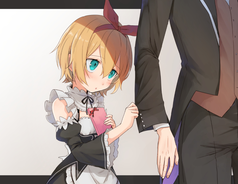 10s, 1boy, 1girl, age_difference, blonde_hair, butler, cleavage_cutout, clothing_cutout