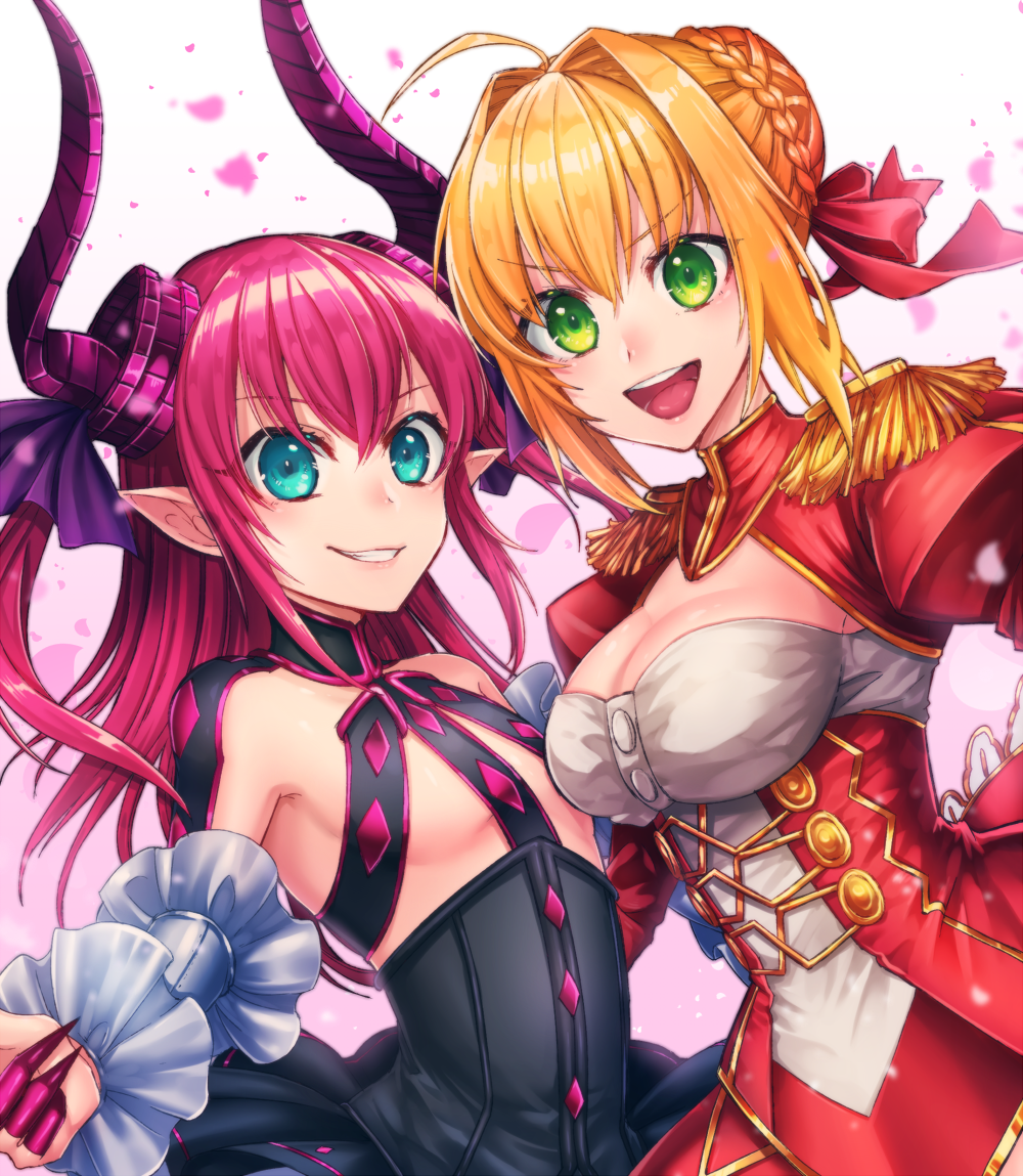 10s, 2girls, breasts, commentary_request, dragon_girl, elizabeth_bathory_(fate), elizabeth_bathory_(fate/extra), elizabeth_bathory_(first_ascension)_(fate)
