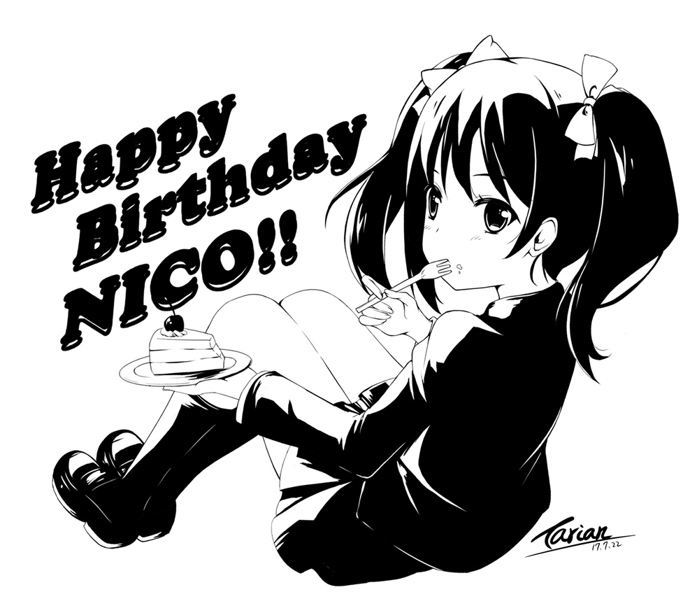 1girl, birthday, black_hair, cake, character_name, cherry, dated, eating