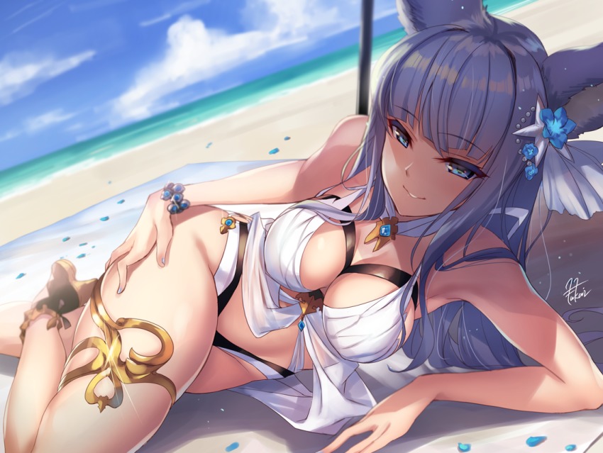 10s, 1girl, animal_ears, bad_id, bad_twitter_id, beach, bikini, blue_eyes