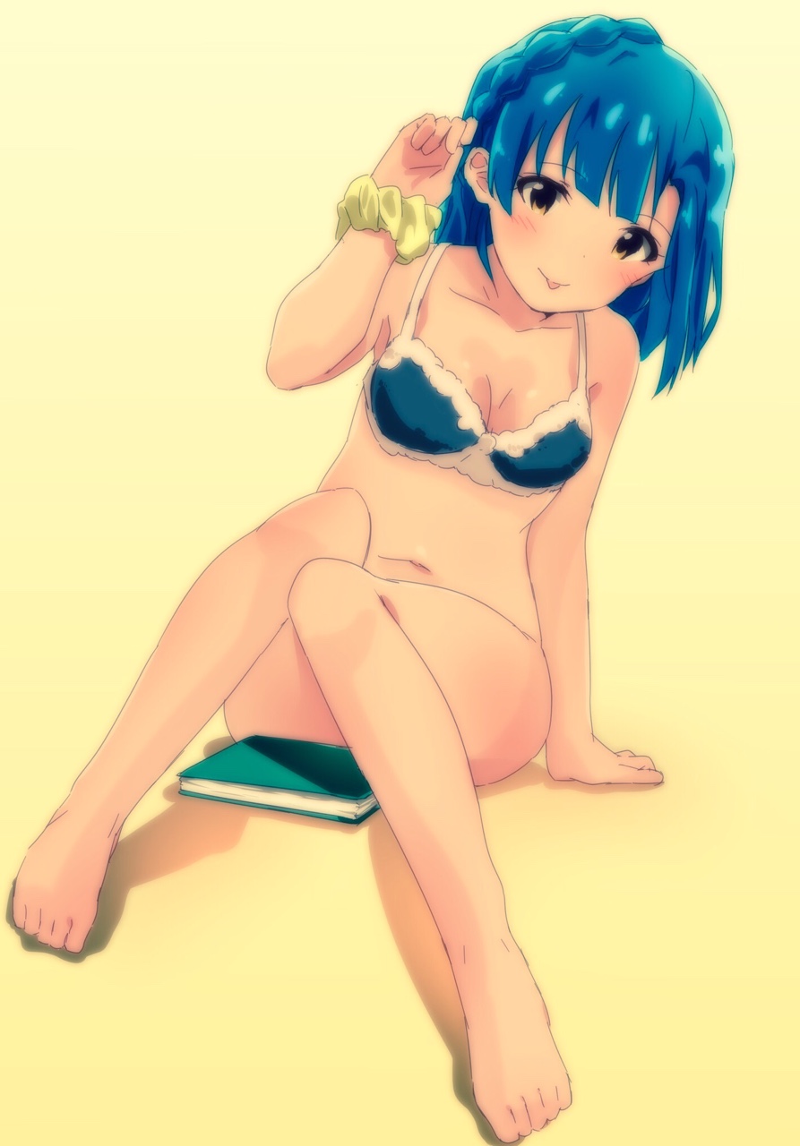 10s, 1girl, :p, blue_hair, book, bottomless, bra, braid