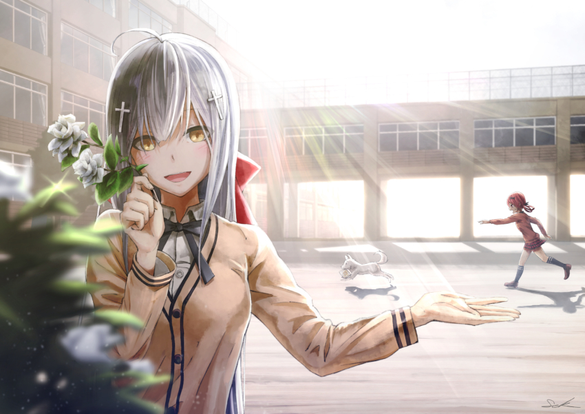 10s, 2girls, ahoge, blunt_bangs, blurry, bow, bowtie, bush