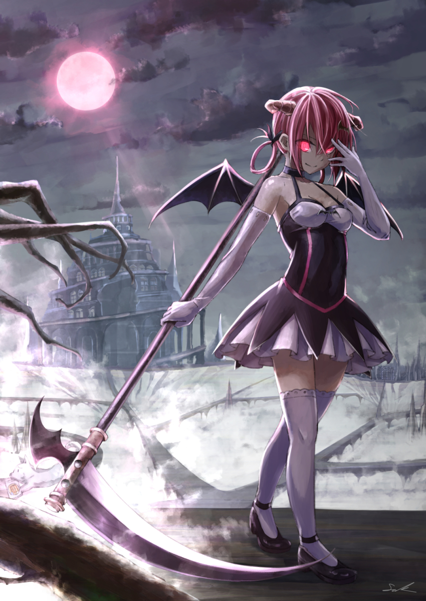 10s, 1girl, bat_hair_ornament, bat_ornament, bread, castle, choker, cloud, cloudy_sky, demon_girl, demon_horns, demon_wings, elbow_gloves, female_focus, food, gabriel_dropout, gloves, glowing, glowing_eyes, hair_ornament, hair_ribbon, hair_rings, hallelujah_essaim, hand_on_own_face, highres, horns, mary_janes, melon_bread, moon, night, nightgown, red_eyes, red_hair, red_moon, ribbon, sak_(pixiv), satanichia_kurumizawa_mcdowell, scythe, shoes, signature, sky, solo, thighhighs, wings