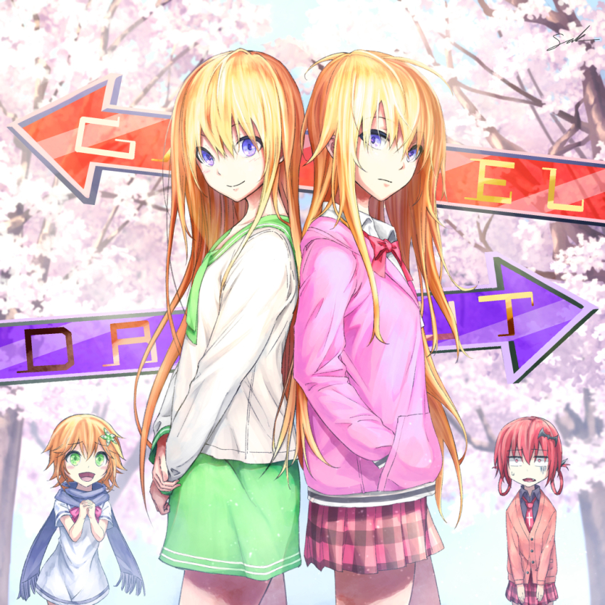 10s, 3girls, ahoge, arrow_(projectile), back-to-back, bat_hair_ornament, blonde_hair, blue_eyes, bow, bowtie, cardigan, cherry_blossoms, copyright_name, cross, dress, dual_persona, expressionless, flower, gabriel_dropout, gabriel_tenma_white, green_eyes, hair_flower, hair_ornament, hair_ribbon, hair_rings, hands_in_pockets, hood, hoodie, inverted_cross, long_hair, long_scarf, looking_at_viewer, messy_hair, multiple_girls, necktie, open_mouth, own_hands_together, pink_cardigan, pleated_skirt, red_hair, ribbon, sak_(pixiv), satanichia_kurumizawa_mcdowell, scarf, school_uniform, serafuku, shaded_face, short_hair, signature, skirt, smile, tapris_chisaki_sugarbell, white_dress
