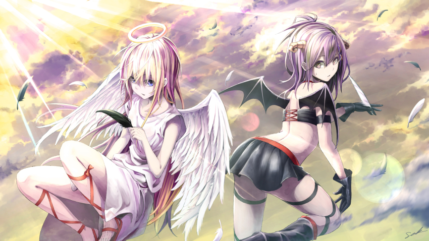 10s, 2girls, angel, angel_wings, bare_shoulders, black_feathers, blonde_hair, blue_eyes