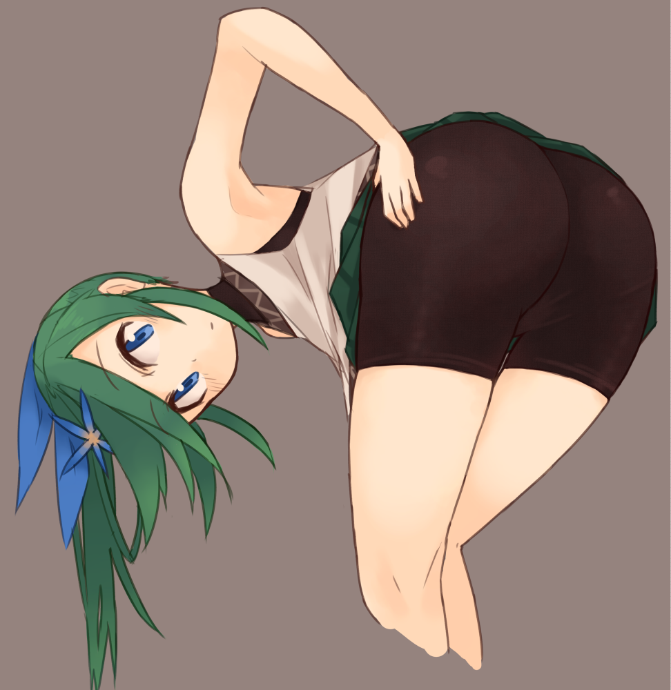 1girl, ass, bent_over, bike_shorts, blue_eyes, female_focus, from_behind, green_hair