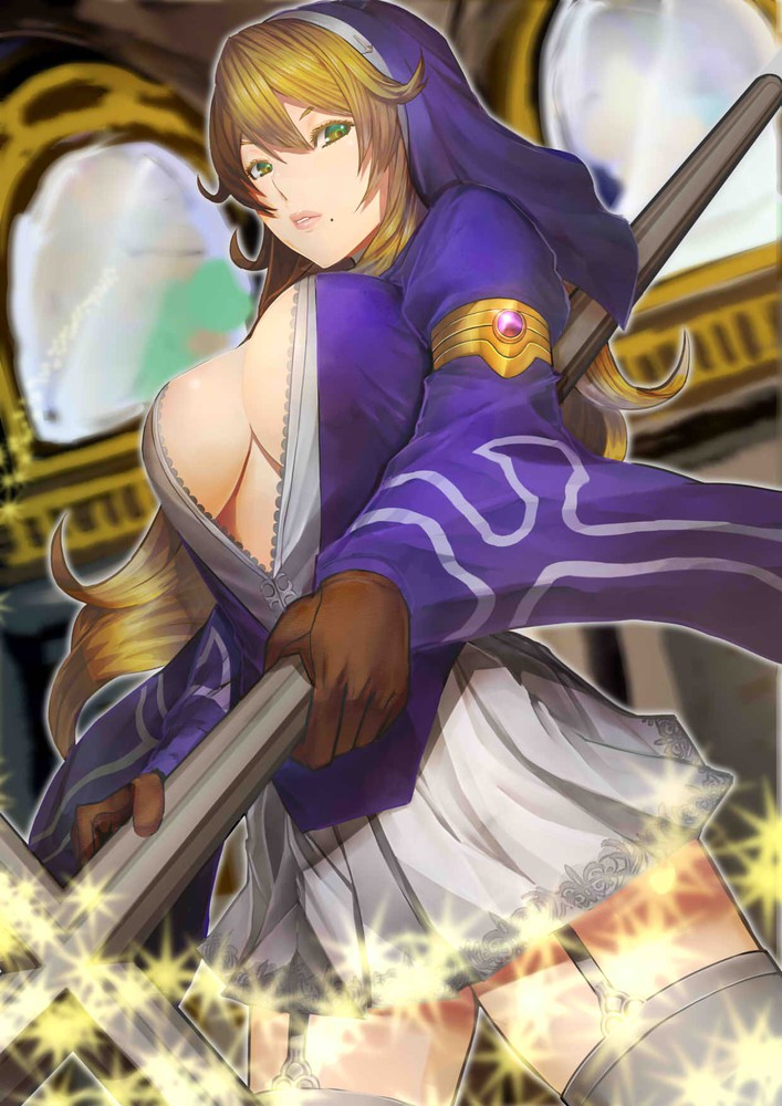 1girl, armlet, blurry, breasts, brown_gloves, brown_hair, center_opening, cleavage