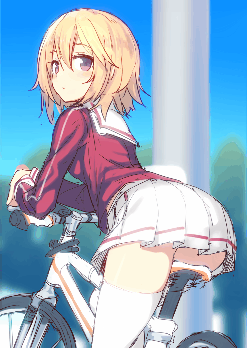 1girl, :<, ass, bicycle, blonde_hair, blush, commentary_request, day