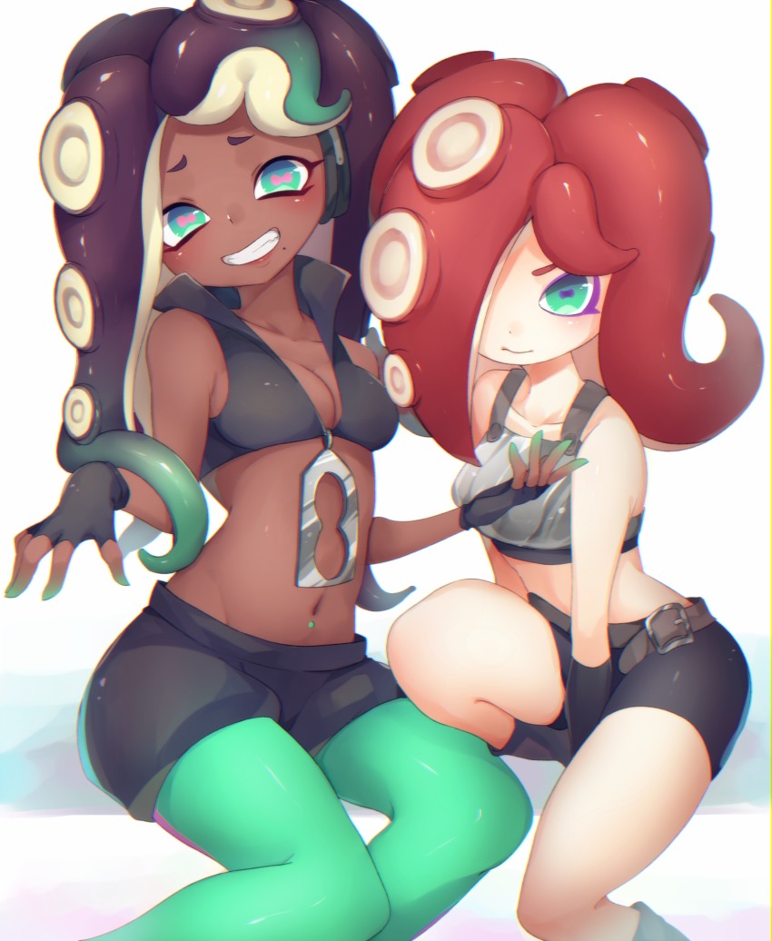 2girls, :d, arare_mochiko, armor, bare_shoulders, bike_shorts, blush, breastplate